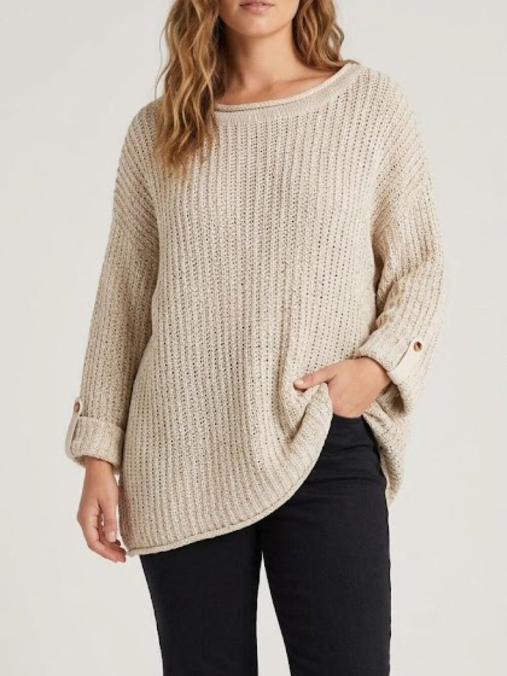 Anthropologie Chunky Knit Oversized Sweater with Button-Cuff Tabs - Size Large